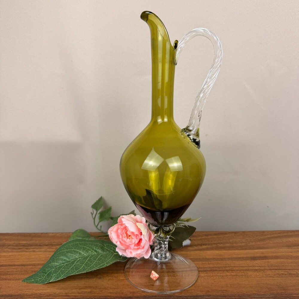 Vintage Empoli Italian Hand-Blown Olive Green Glass Decanter Ewer Twisted Handle